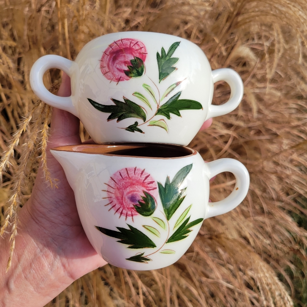 Vintage Stangl Pottery Thistle Pattern Cream & Sugar (no lid) Boho ~ Cottage